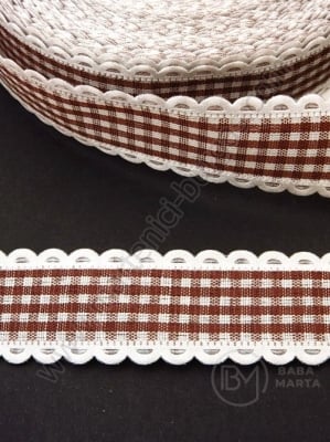 Panglică 22mm maro în carouri cu dantelă 1 pachet 5 meters 451456