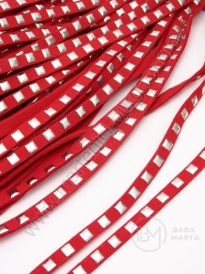 Piele naturală întoarsă 7x2mm roșu cu pietricele 5 metri 421112