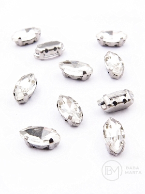 Pietricelă de sticlă (cristal) transparentă 10x5x4mm în coș metalic, culoare argintie, 10 buc. 151789