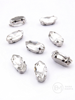 Pietricelă de sticlă (cristal) transparentă 12x6x4.5mm în coș metalic, culoare argintie, 10 buc. 151790