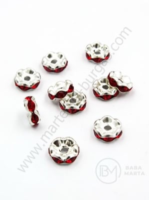 Șaibă 8x3.5mm cu cristale roșii, gaură zig-zag 1.5mm, albă, 10 buc. 301005