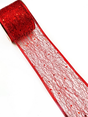 Panglică de plasă cu brocart roșu lățime 63mm - lungime ~2,70 metri 462253