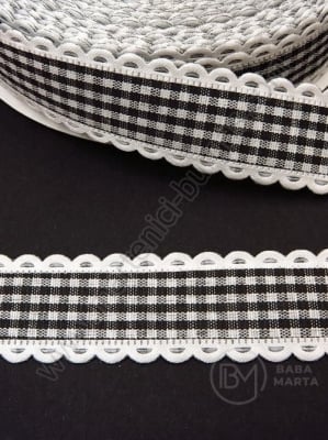 Panglică 22mm negru carouri cu dantelă 1 pachet 5 metri 451457