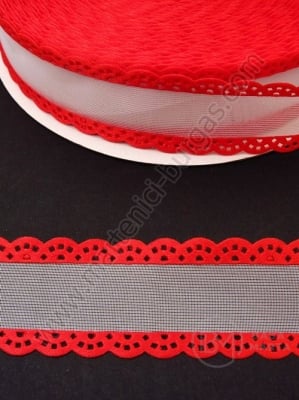 Panglică 26mm organza albă cu dantelă roșie 1 pachet 5 metri 451396