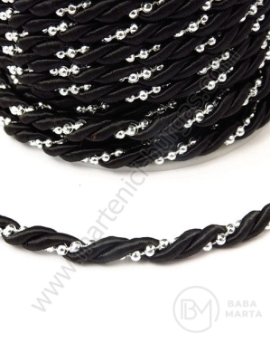 Sfoară de polyester rasucită 5mm neagra cu mărgele de plastic 1 meter 441303