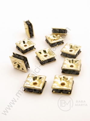 Pătrat 8x8x3mm cu cristale negre aurii 10 buc 301422