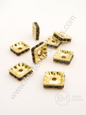 Pătrat 10x10x3mm cu cristale negre aurii 10 buc 301409