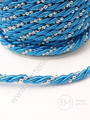 Sfoară de polyester rasucită 5mm albastră cu mărgele de plastic 1 metru 441302