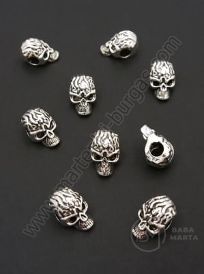 Margele metalice varf craniu 8x8x12mm, culoare argintie, gaura 3.5mm, 1 pachet 10 buc. 306488