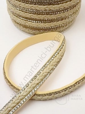 Panglică din piele întoarsă naturală 10x3mm ecru cu crystal si piele 1 meter 421223