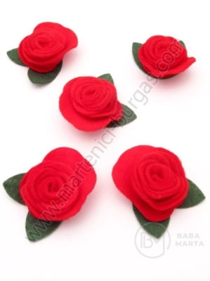 Trandafir cu frunze din pâslă 35x40mm roșu 1 pachet 10 bucăți 181593
