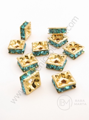 Pătrat 8x8x3mm cu cristale albastre aurii 10 buc 301426