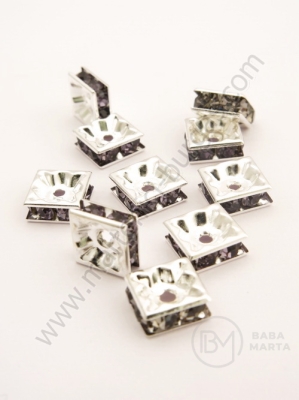 Pătrat 8x8x3mm cu crystale violet dark, alb, 10 buc. 301419