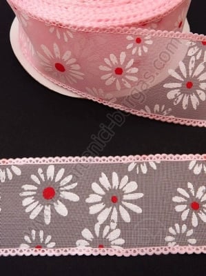Panglică organza 38mm imprimeu floral roz 1 pachet 5 metri 451430