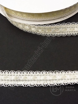 Panglică de satin ecru cu dantelă albă 15mm 1 pachet 5 metri 451323