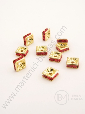 Pătrat 6x6x3mm cu cristale roșii aurii 10 buc 301441