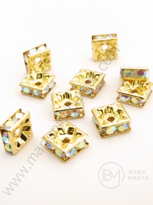 Pătrat 8x8x3mm cu cristale AB aurii 10 buc 301423