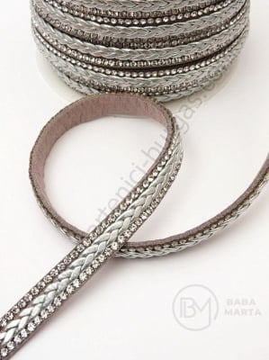 Panglică din piele întoarsă naturală 10x3mm argintie cu crystal si piele 1 meter 421221