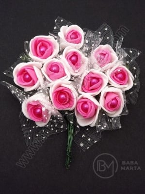 Buchet de trandafiri 20mm albi și ciclam cu perle și tul 1 buchet 12 buc 181765