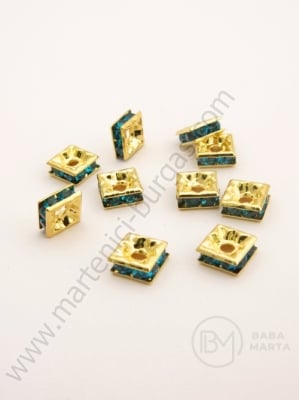 Pătrat 6x6x3mm cu cristale albastre aurii 10 buc 301443