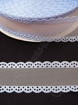 Panglică 26mm organza albă cu dantelă albastră 1 pachet 5 meters 451393