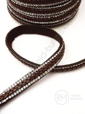 Panglică din piele întoarsă naturală 10x3mm maro cu crystal si piele 1 meter 421225