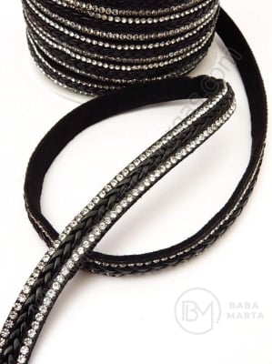 Panglică din piele întoarsă naturală 10x3mm neagra cu crystal si piele 1 meter 421220