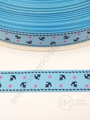 Panglică de satin 16mm, ruptă, albastră, cu imprimeu, 1 pachet, 2 metri, 451489