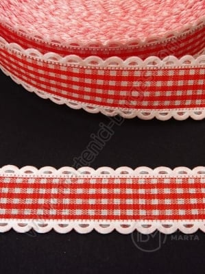 Panglică 22mm carouri roșii cu dantelă 1 pachet 5 metri 451454