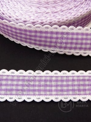 Panglică 22mm carouri mov cu dantelă 1 pachet 5 metri 451455