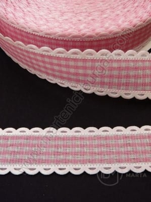 Panglică roz în carouri 22mm cu dantelă 1 pack 5 meters 451452