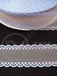 Panglică 26mm organza albă cu dantelă albastră 1 pachet 5 meters 451393