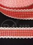Panglică 22mm carouri roșii cu dantelă 1 pachet 5 metri 451454